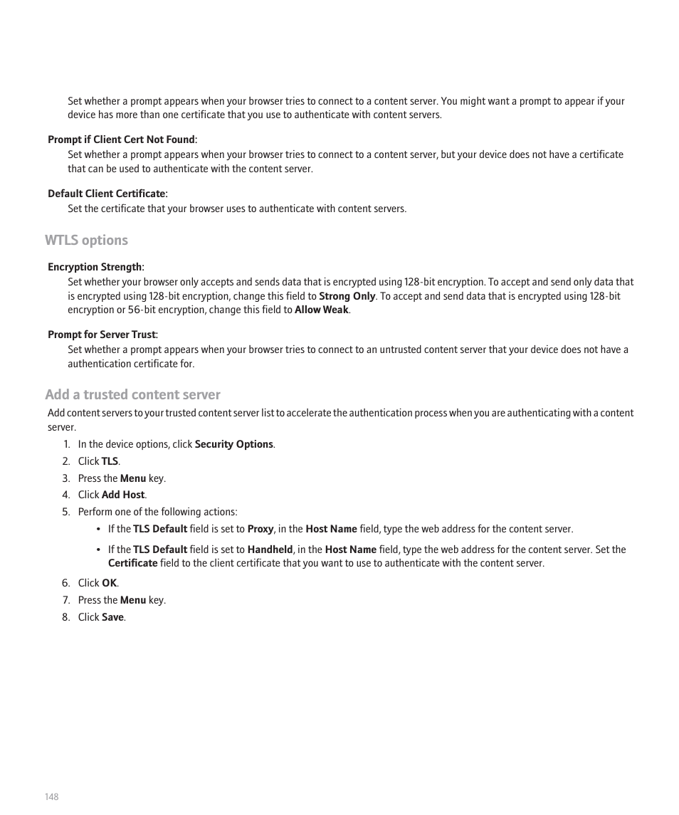 Wtls options, Add a trusted content server | Blackberry 8120 User Manual | Page 150 / 302