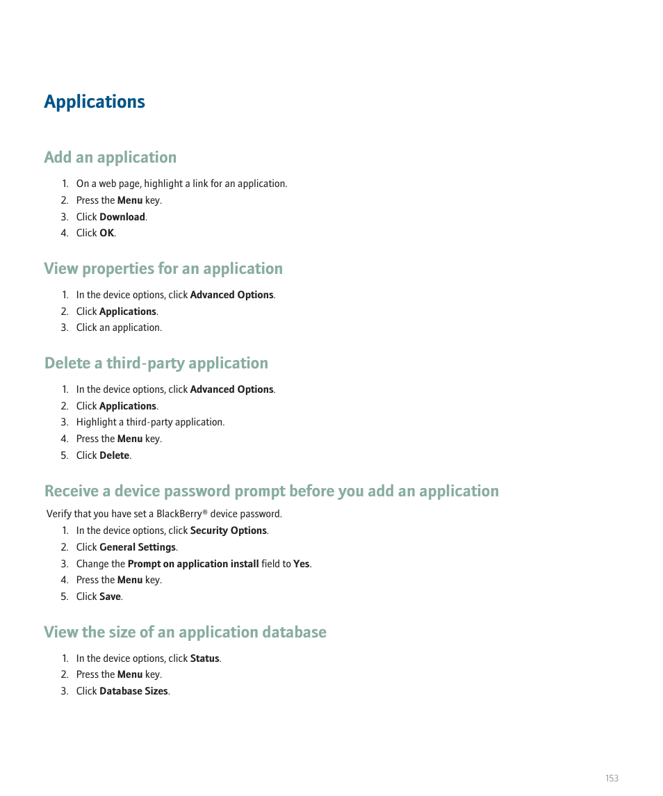 Applications, Add an application, View properties for an application | Delete a third-party application, View the size of an application database | Blackberry 8120 User Manual | Page 155 / 302