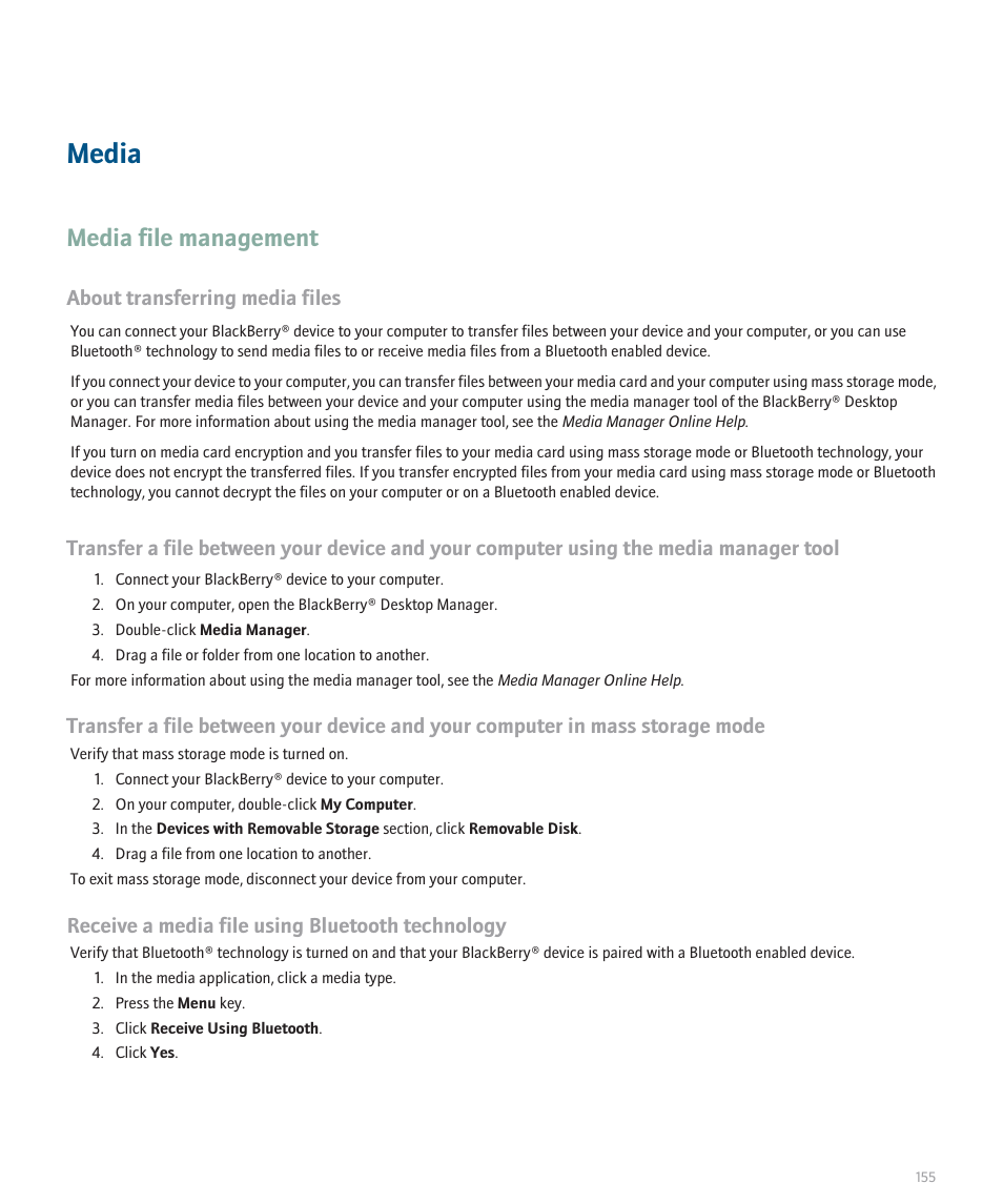 Media, Media file management, About transferring media files | Receive a media file using bluetooth technology | Blackberry 8120 User Manual | Page 157 / 302