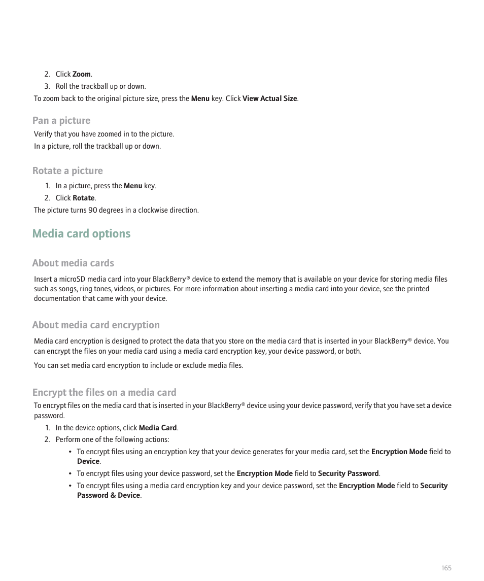 Media card options, Pan a picture, Rotate a picture | About media cards, About media card encryption, Encrypt the files on a media card | Blackberry 8120 User Manual | Page 167 / 302