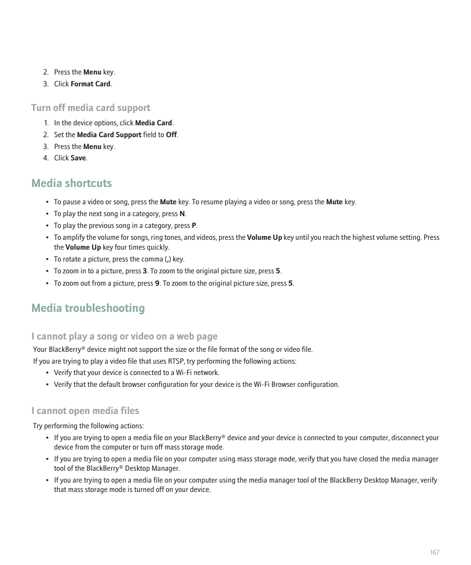 Media shortcuts, Media troubleshooting, Turn off media card support | I cannot play a song or video on a web page, I cannot open media files | Blackberry 8120 User Manual | Page 169 / 302