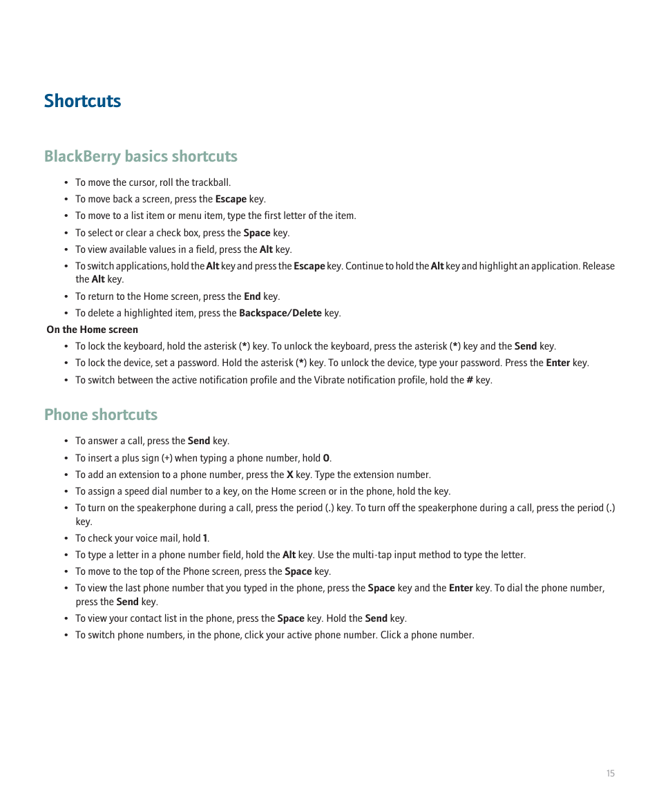 Shortcuts, Blackberry basics shortcuts, Phone shortcuts | Blackberry 8120 User Manual | Page 17 / 302