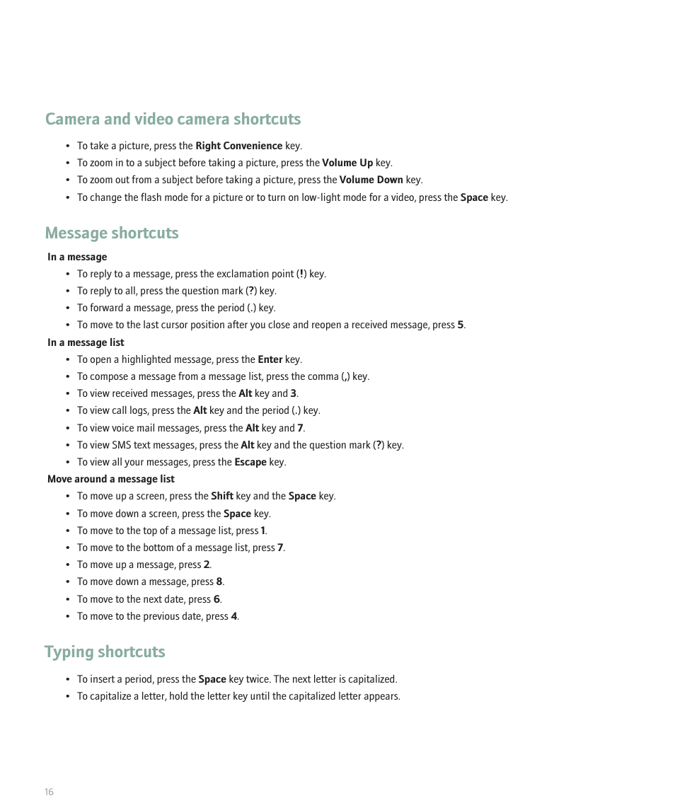 Camera and video camera shortcuts, Message shortcuts, Typing shortcuts | Blackberry 8120 User Manual | Page 18 / 302
