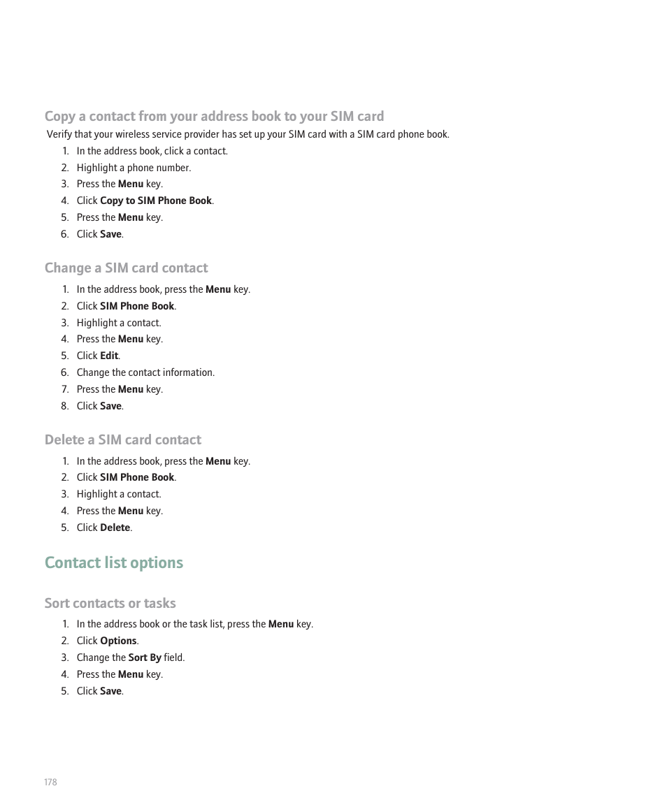 Contact list options, Change a sim card contact, Delete a sim card contact | Sort contacts or tasks | Blackberry 8120 User Manual | Page 180 / 302