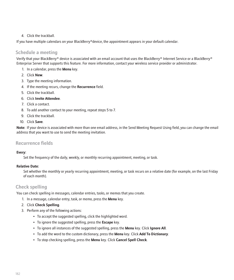 Schedule a meeting, Recurrence fields, Check spelling | Blackberry 8120 User Manual | Page 184 / 302