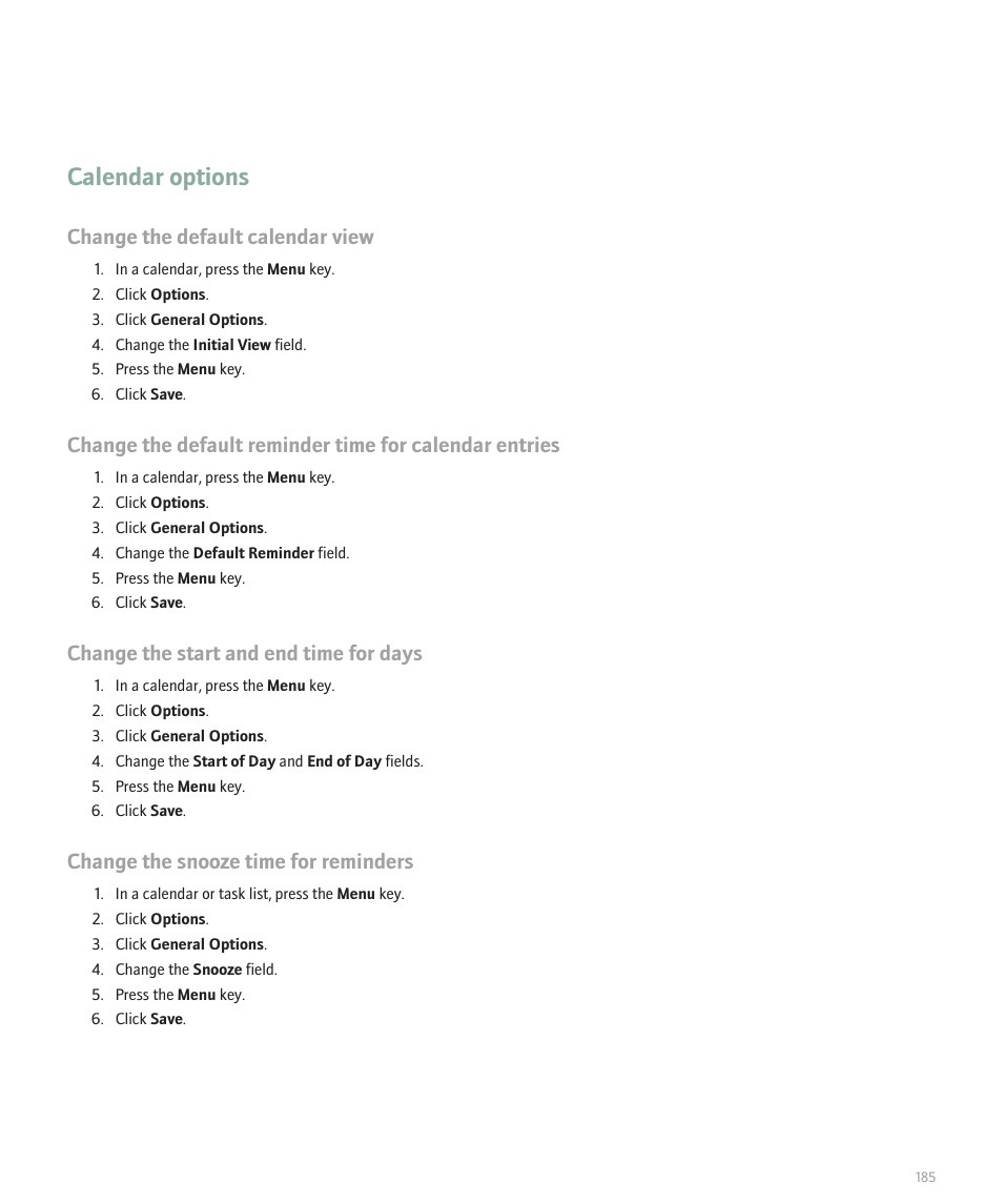 Calendar options, Change the default calendar view, Change the start and end time for days | Change the snooze time for reminders | Blackberry 8120 User Manual | Page 187 / 302