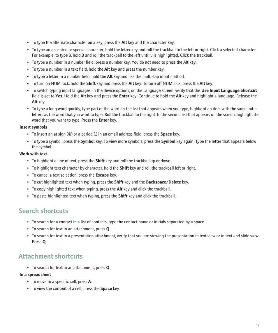 Search shortcuts, Attachment shortcuts | Blackberry 8120 User Manual | Page 19 / 302
