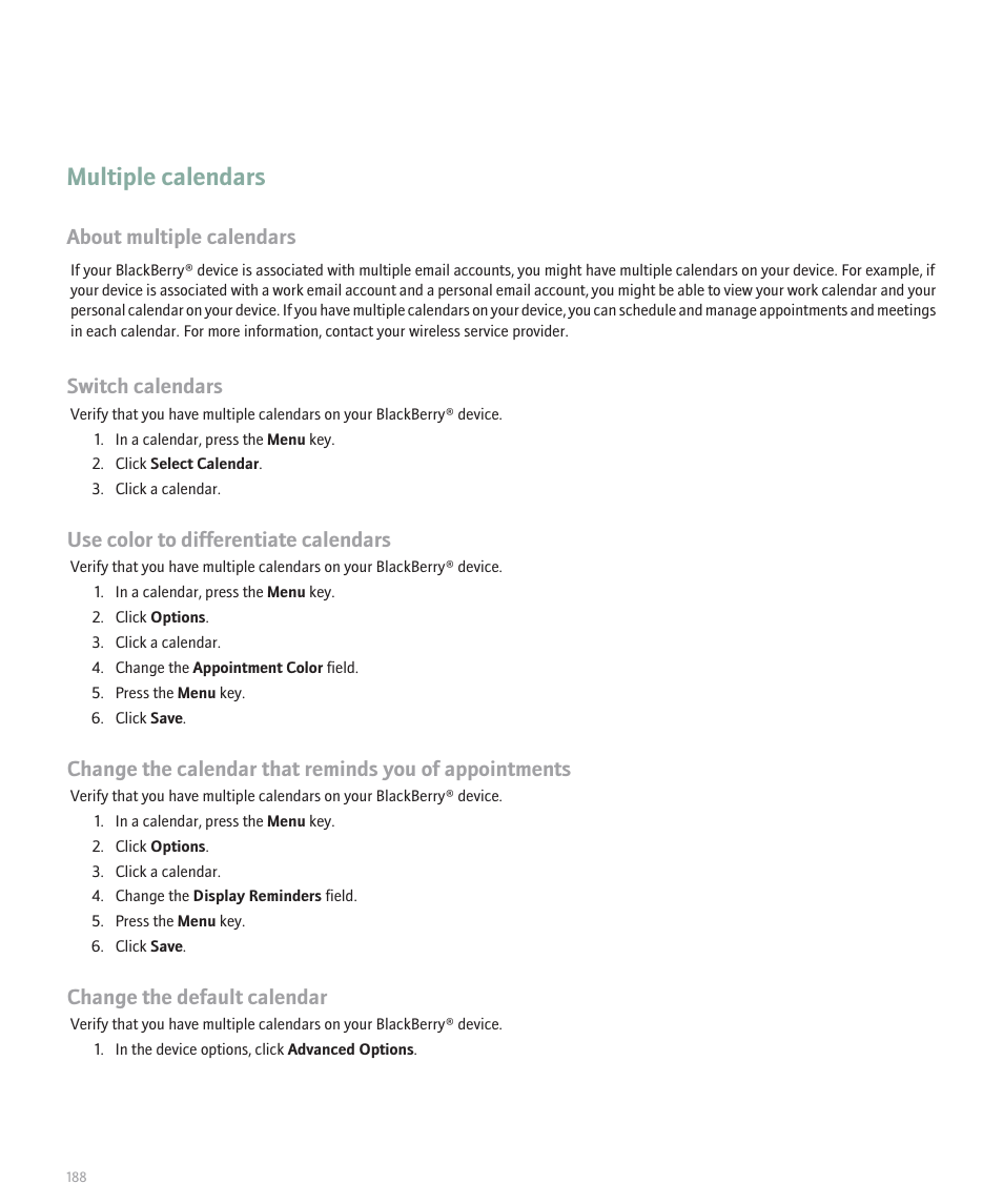 Multiple calendars, About multiple calendars, Switch calendars | Use color to differentiate calendars, Change the default calendar | Blackberry 8120 User Manual | Page 190 / 302