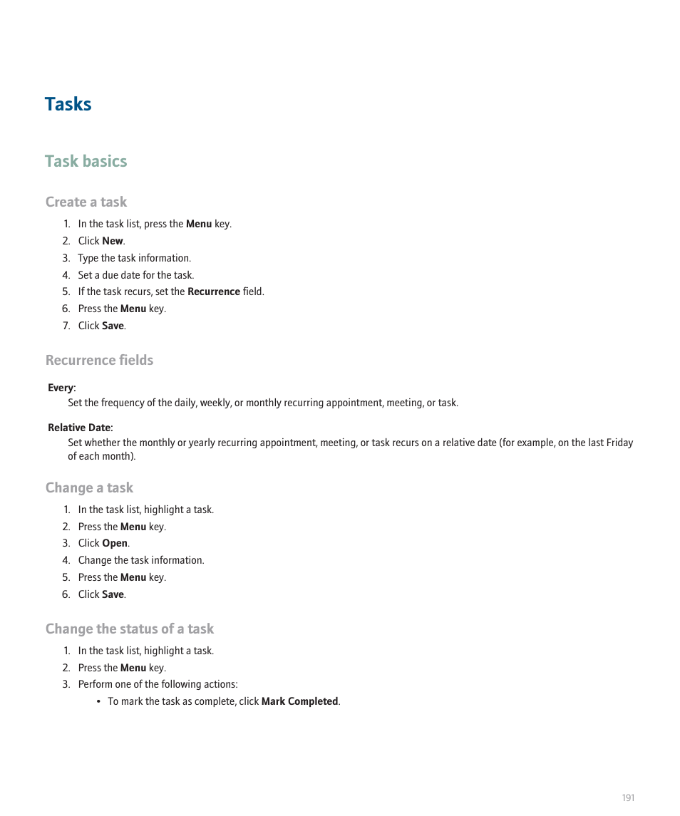 Tasks, Task basics, Create a task | Recurrence fields, Change a task, Change the status of a task | Blackberry 8120 User Manual | Page 193 / 302