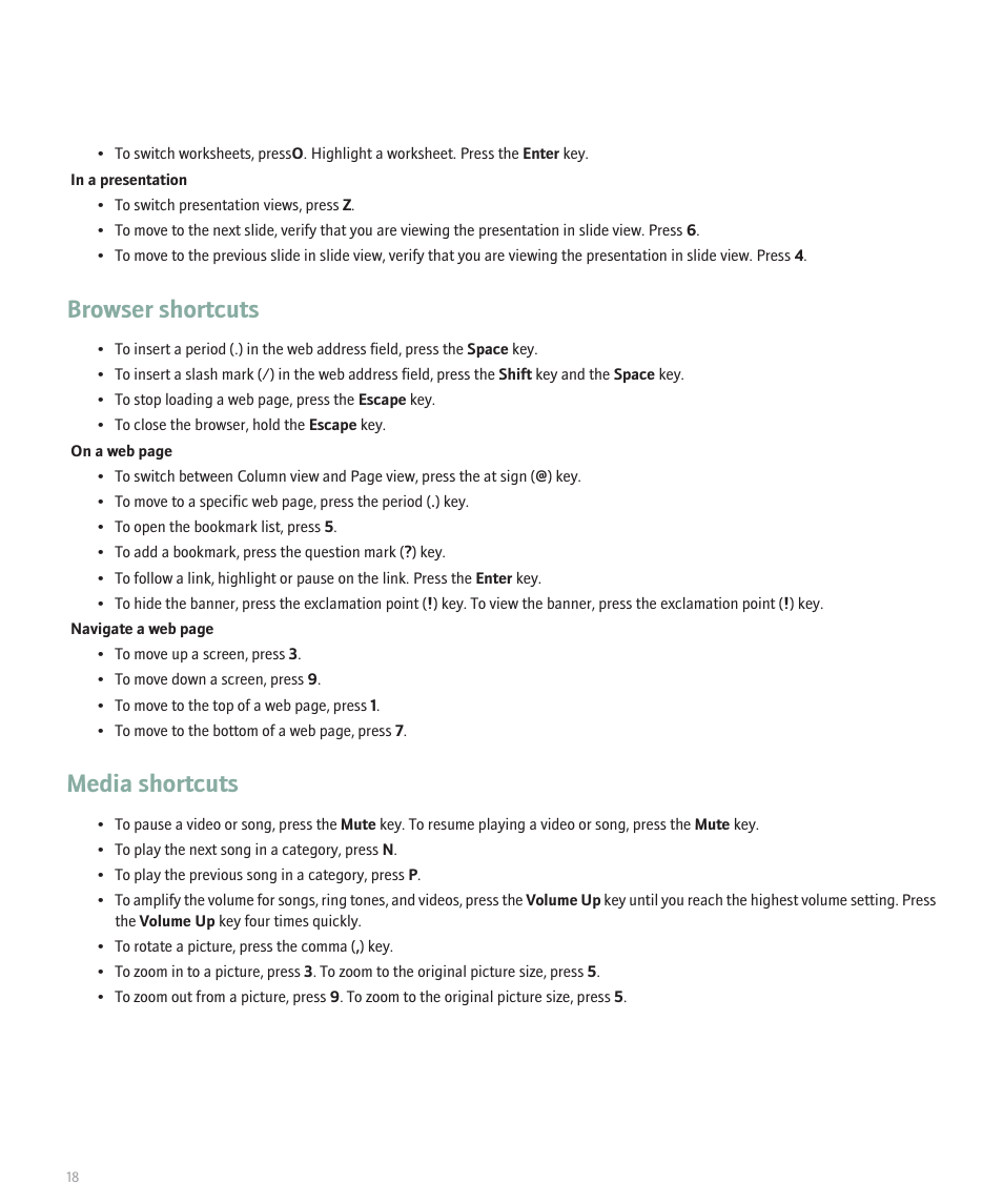 Browser shortcuts, Media shortcuts | Blackberry 8120 User Manual | Page 20 / 302