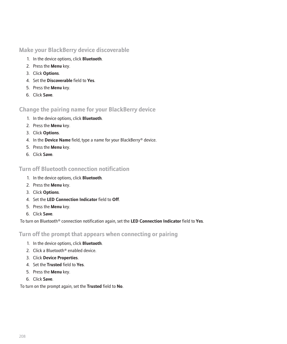 Make your blackberry device discoverable, Change the pairing name for your blackberry device, Turn off bluetooth connection notification | Blackberry 8120 User Manual | Page 210 / 302