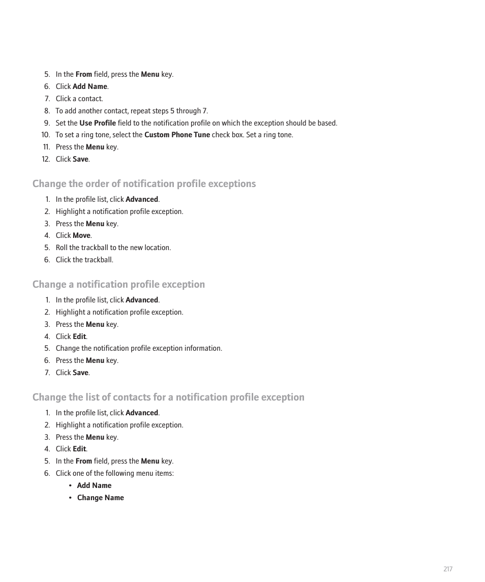 Change a notification profile exception | Blackberry 8120 User Manual | Page 219 / 302