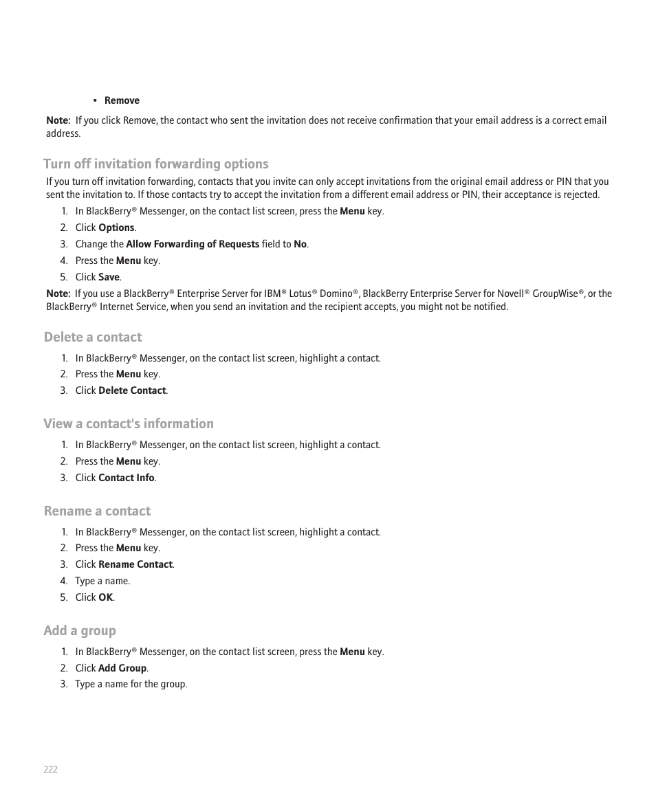 Turn off invitation forwarding options, Delete a contact, View a contact's information | Rename a contact, Add a group | Blackberry 8120 User Manual | Page 224 / 302
