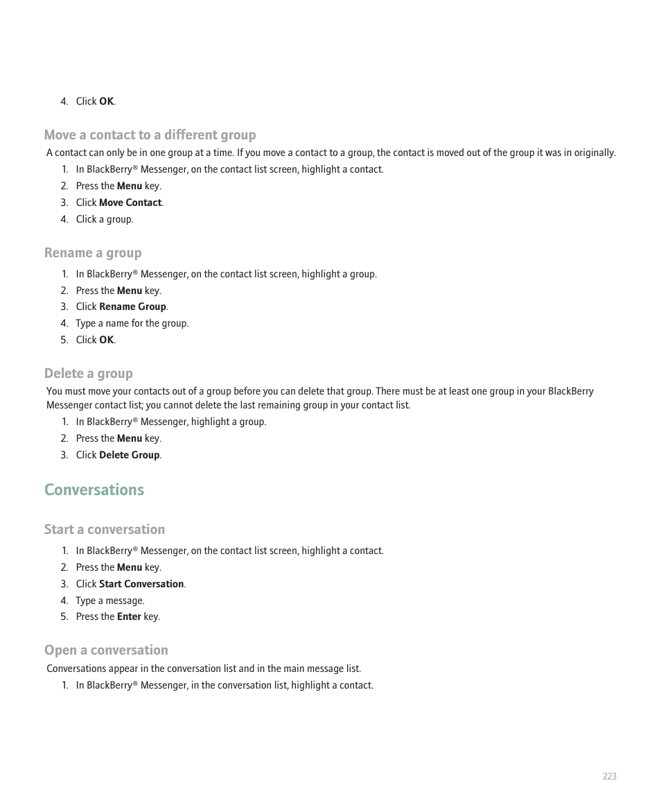 Conversations, Move a contact to a different group, Rename a group | Delete a group, Start a conversation, Open a conversation | Blackberry 8120 User Manual | Page 225 / 302
