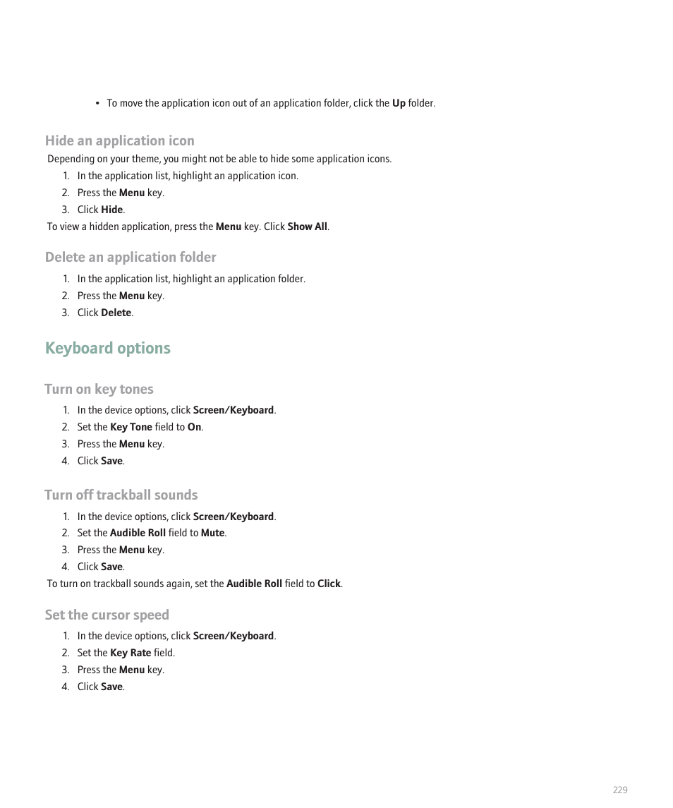 Keyboard options, Hide an application icon, Delete an application folder | Turn on key tones, Turn off trackball sounds, Set the cursor speed | Blackberry 8120 User Manual | Page 231 / 302