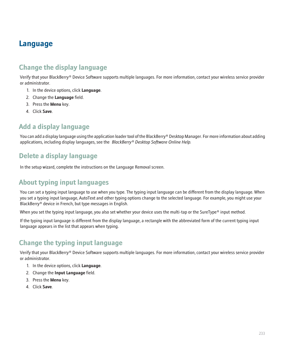 Language, Change the display language, Add a display language | Delete a display language, About typing input languages, Change the typing input language | Blackberry 8120 User Manual | Page 235 / 302
