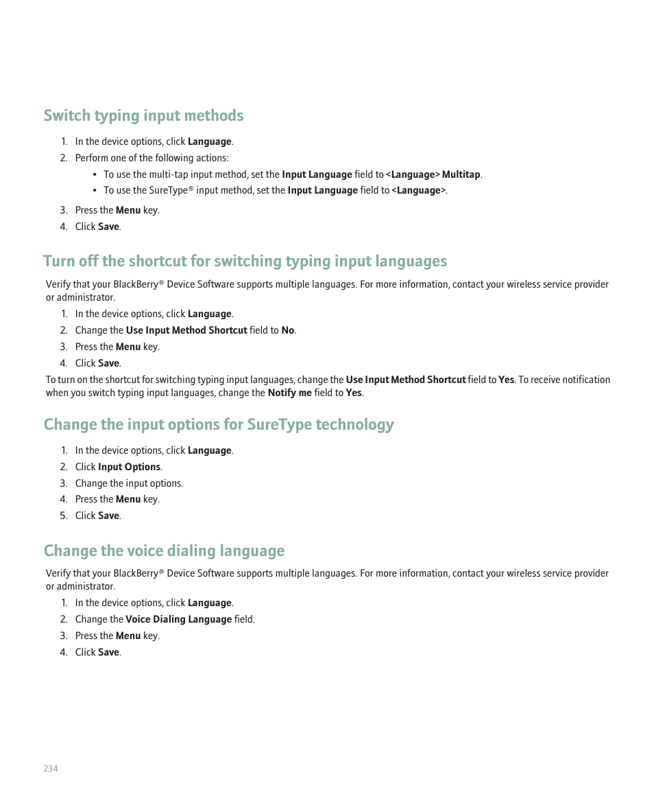 Switch typing input methods, Change the input options for suretype technology, Change the voice dialing language | Blackberry 8120 User Manual | Page 236 / 302