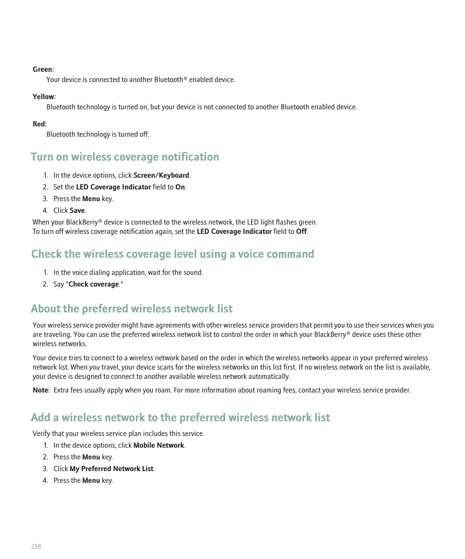 Turn on wireless coverage notification, About the preferred wireless network list | Blackberry 8120 User Manual | Page 240 / 302