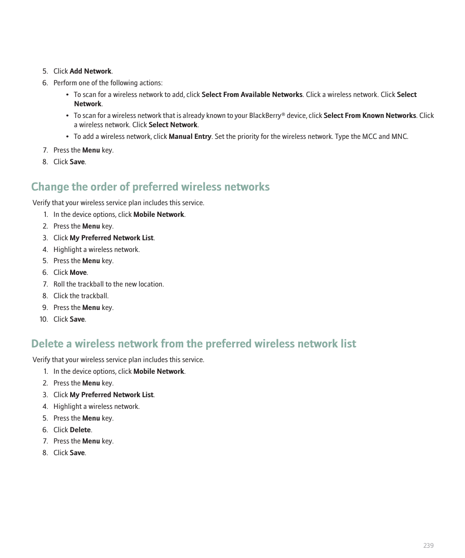 Change the order of preferred wireless networks | Blackberry 8120 User Manual | Page 241 / 302