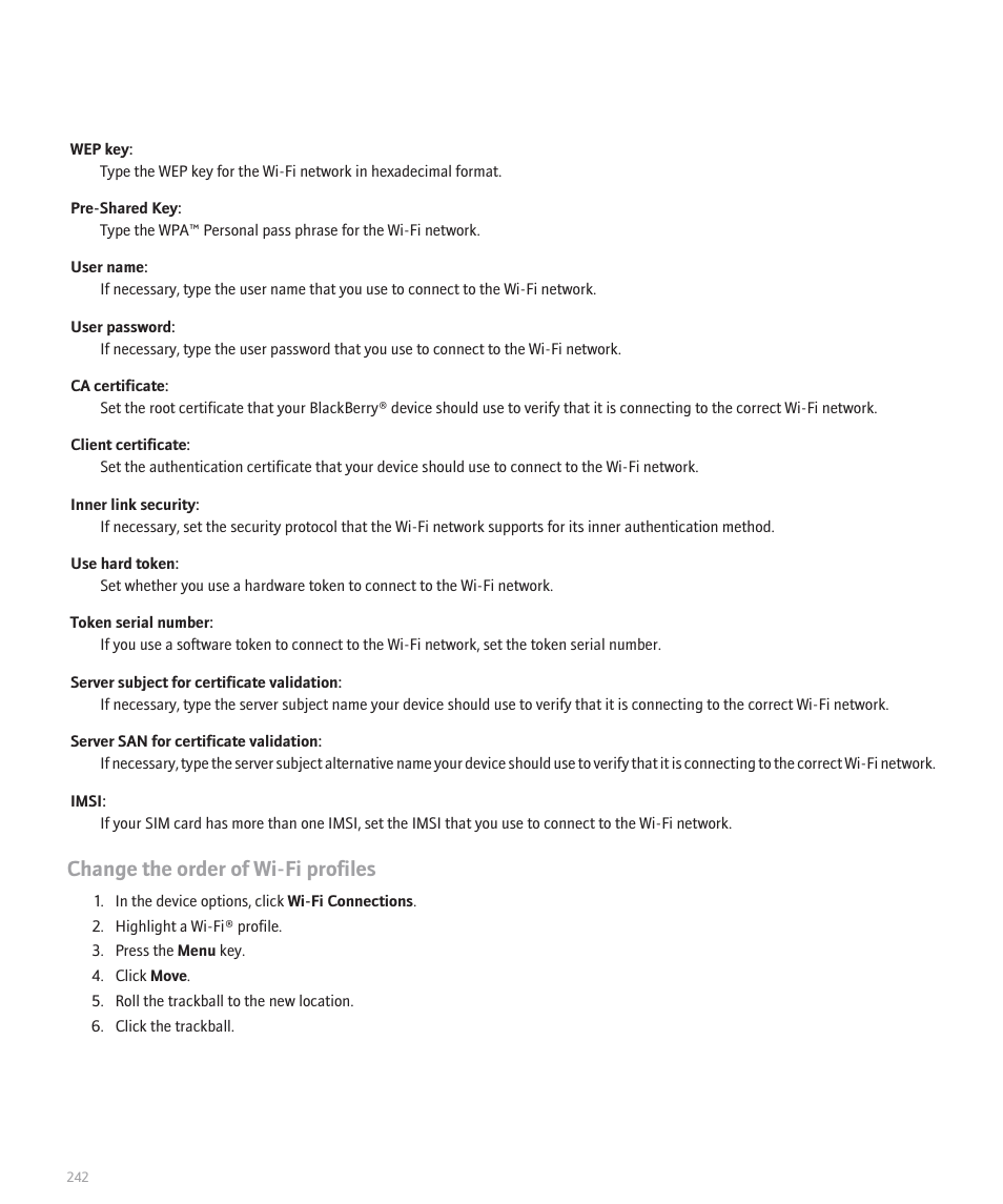 Change the order of wi-fi profiles | Blackberry 8120 User Manual | Page 244 / 302