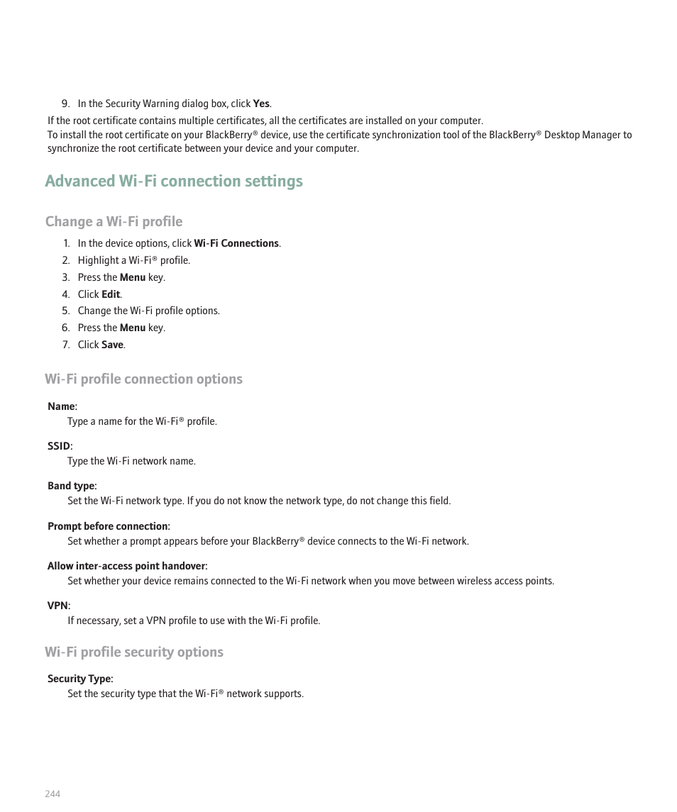 Advanced wi-fi connection settings, Change a wi-fi profile, Wi-fi profile connection options | Wi-fi profile security options | Blackberry 8120 User Manual | Page 246 / 302