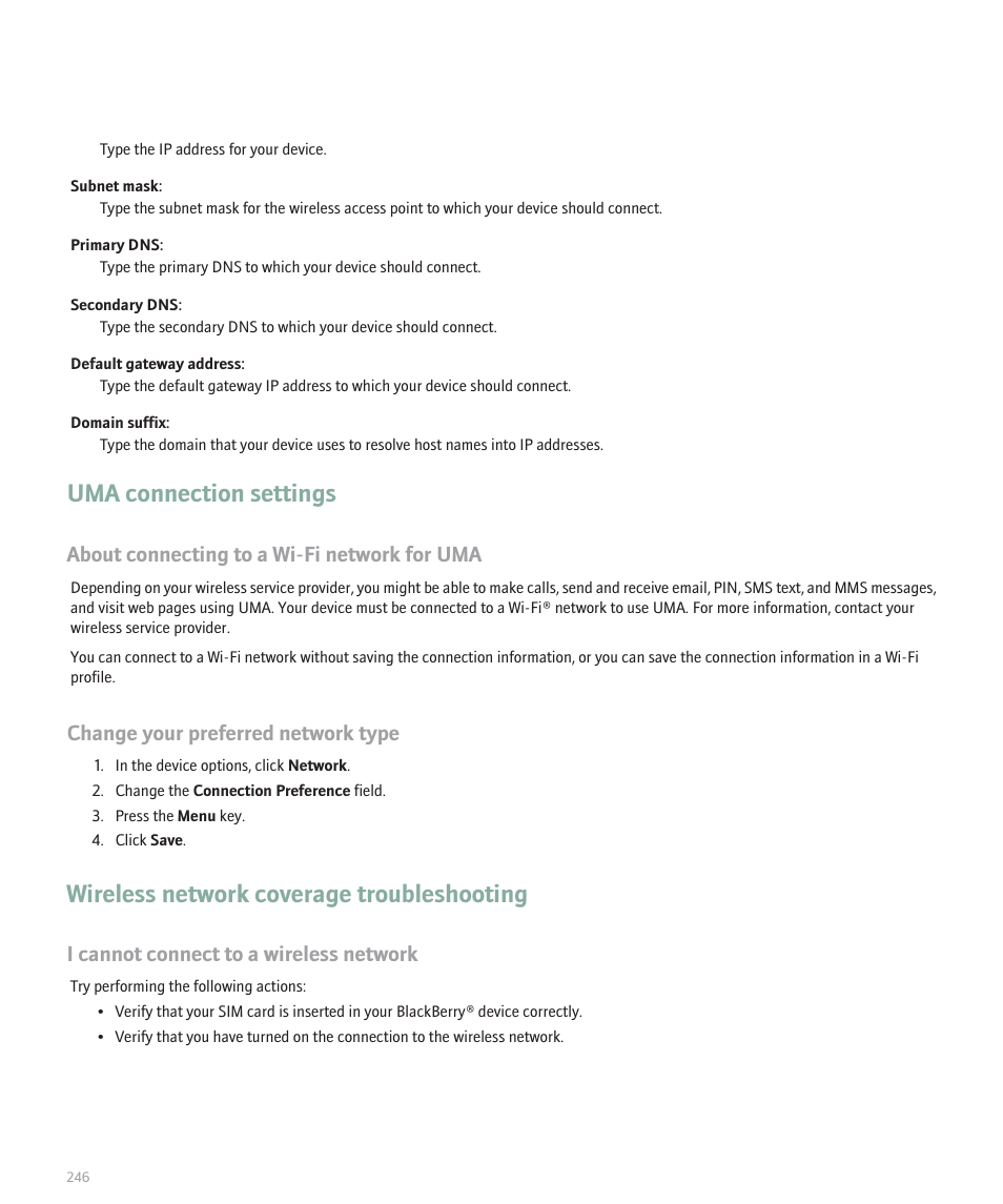 Uma connection settings, Wireless network coverage troubleshooting, About connecting to a wi-fi network for uma | Change your preferred network type, I cannot connect to a wireless network | Blackberry 8120 User Manual | Page 248 / 302