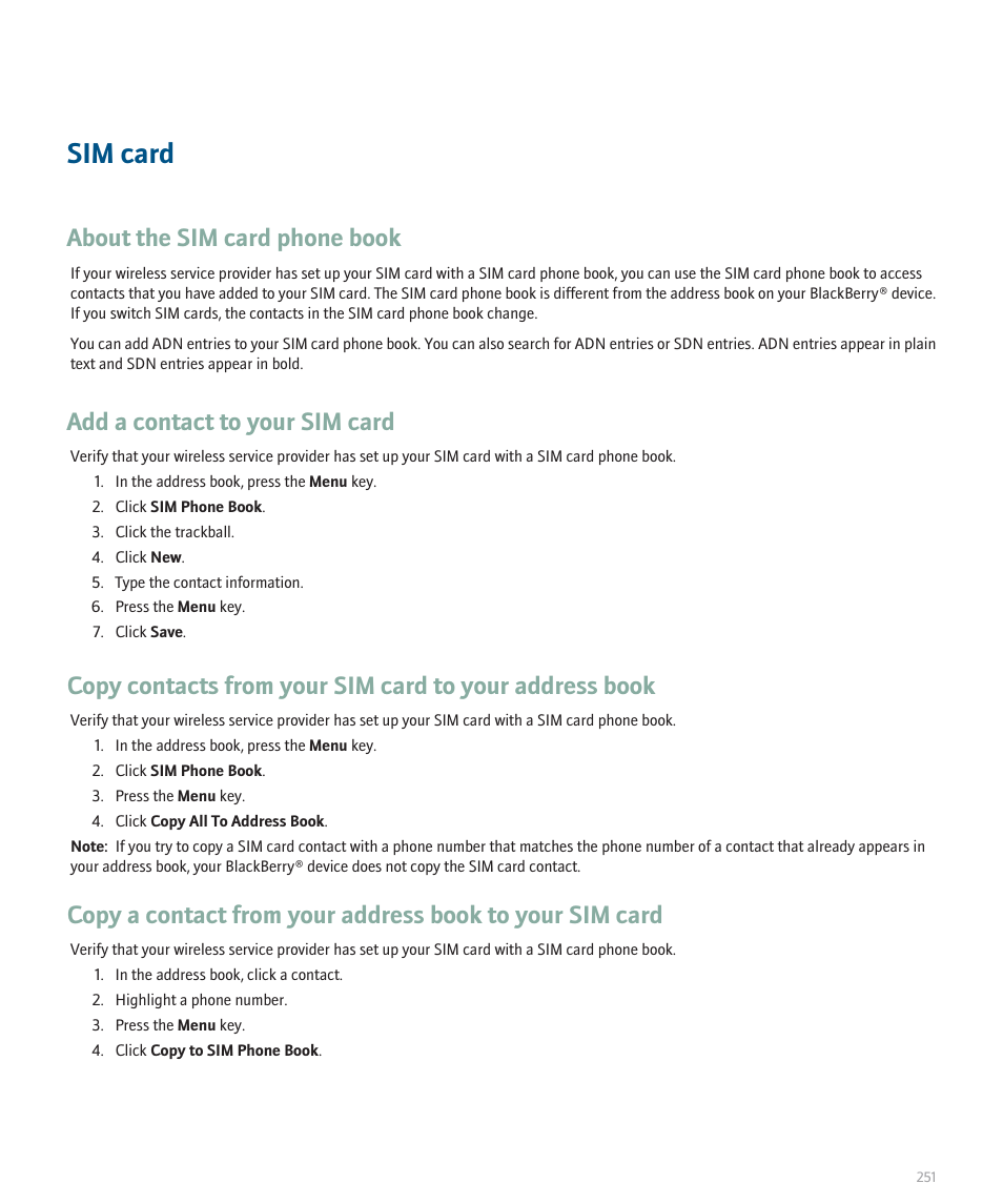 Sim card, About the sim card phone book, Add a contact to your sim card | Blackberry 8120 User Manual | Page 253 / 302
