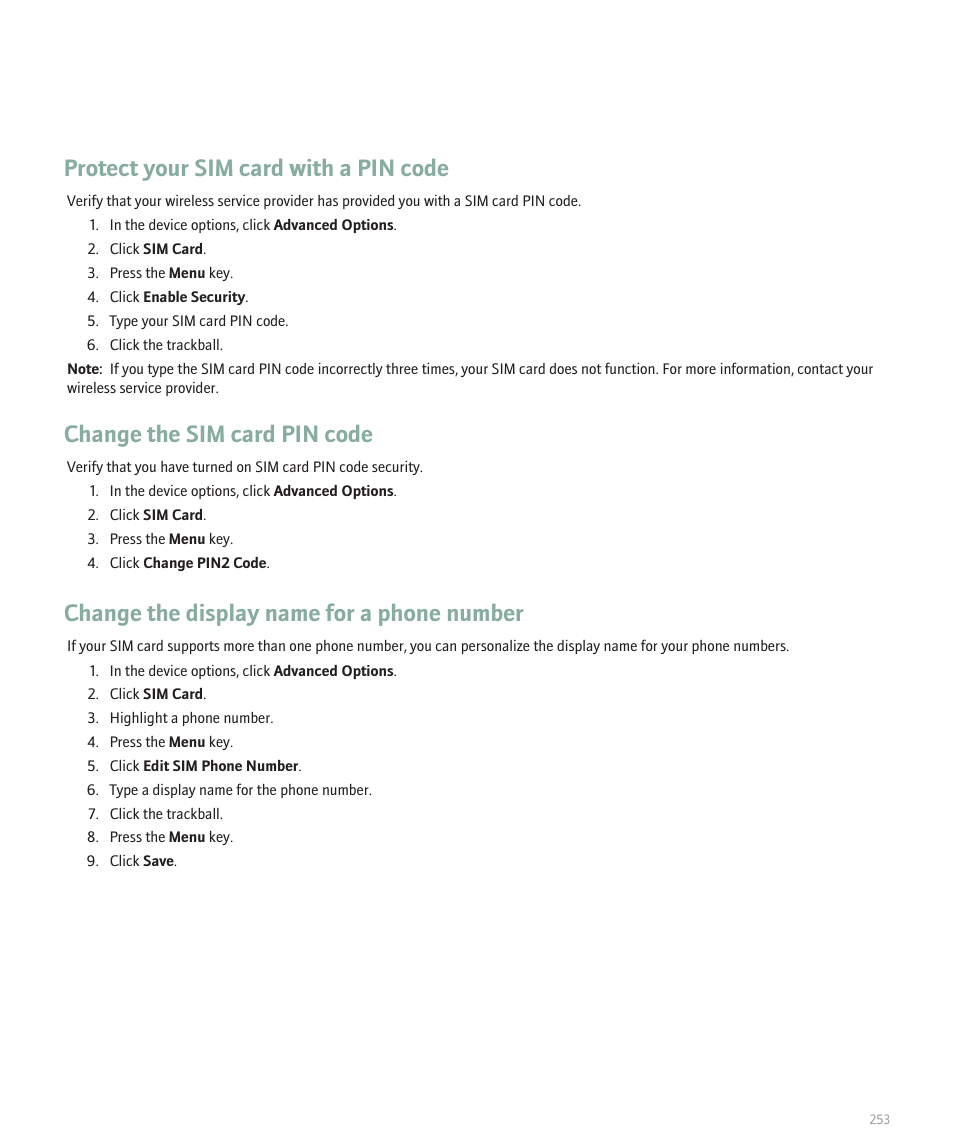 Protect your sim card with a pin code, Change the sim card pin code, Change the display name for a phone number | Blackberry 8120 User Manual | Page 255 / 302