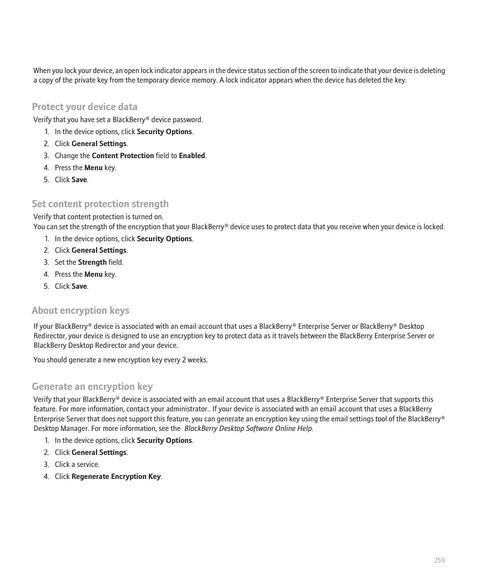 Protect your device data, Set content protection strength, About encryption keys | Generate an encryption key | Blackberry 8120 User Manual | Page 261 / 302