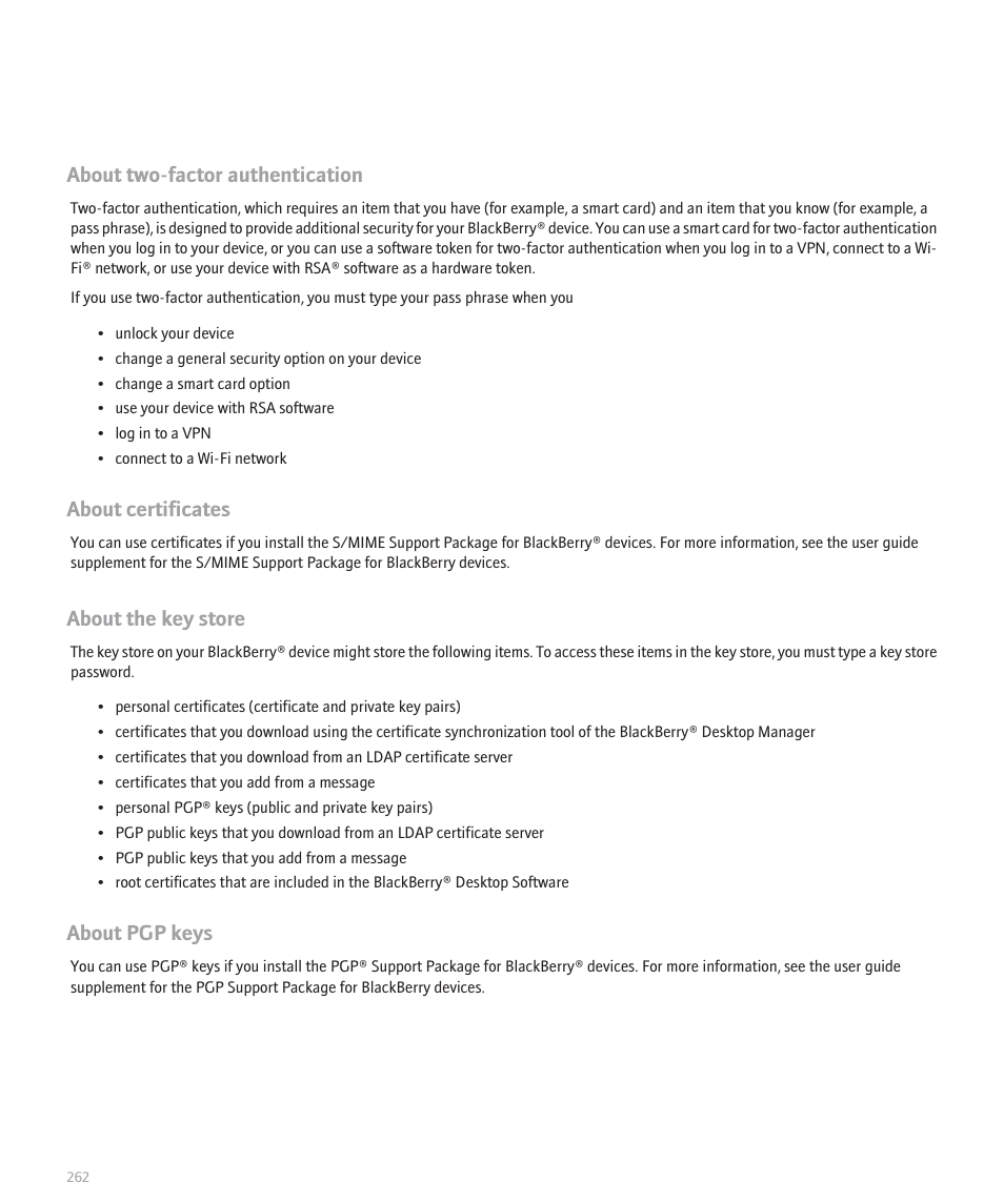 About two-factor authentication, About certificates, About the key store | About pgp keys | Blackberry 8120 User Manual | Page 264 / 302