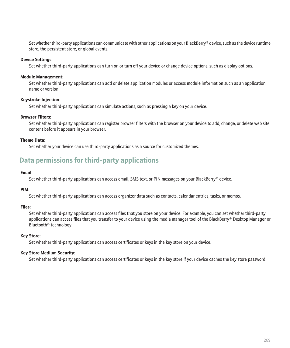 Data permissions for third-party applications | Blackberry 8120 User Manual | Page 271 / 302