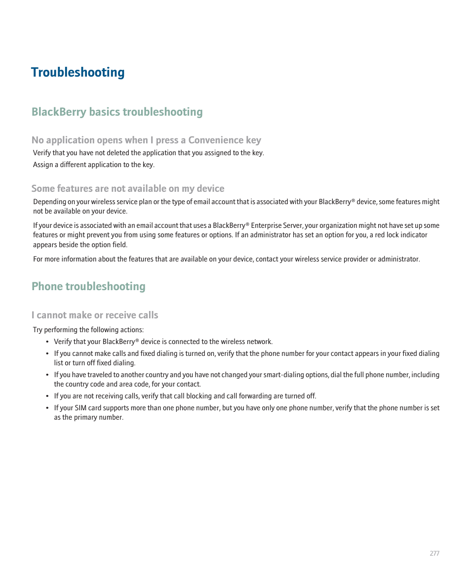 Troubleshooting, Blackberry basics troubleshooting, Phone troubleshooting | Blackberry 8120 User Manual | Page 279 / 302