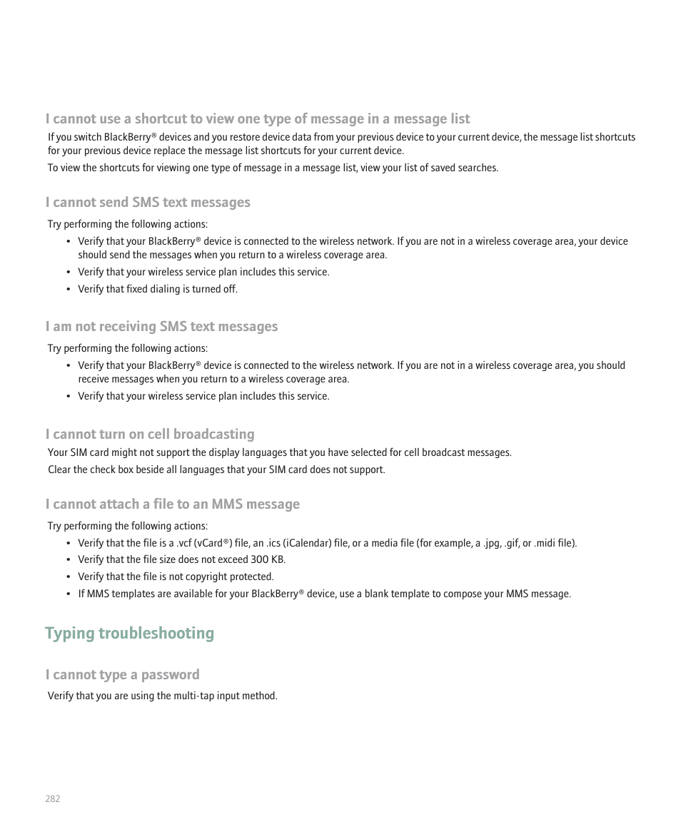 Typing troubleshooting, I cannot send sms text messages, I am not receiving sms text messages | I cannot turn on cell broadcasting, I cannot attach a file to an mms message, I cannot type a password | Blackberry 8120 User Manual | Page 284 / 302