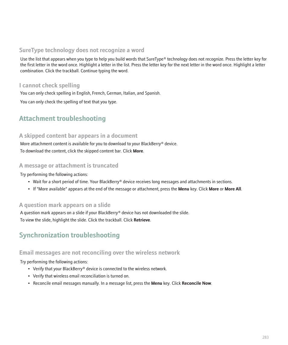 Attachment troubleshooting, Synchronization troubleshooting | Blackberry 8120 User Manual | Page 285 / 302