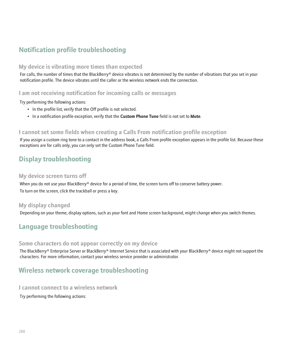 Notification profile troubleshooting, Display troubleshooting, Language troubleshooting | Wireless network coverage troubleshooting | Blackberry 8120 User Manual | Page 290 / 302