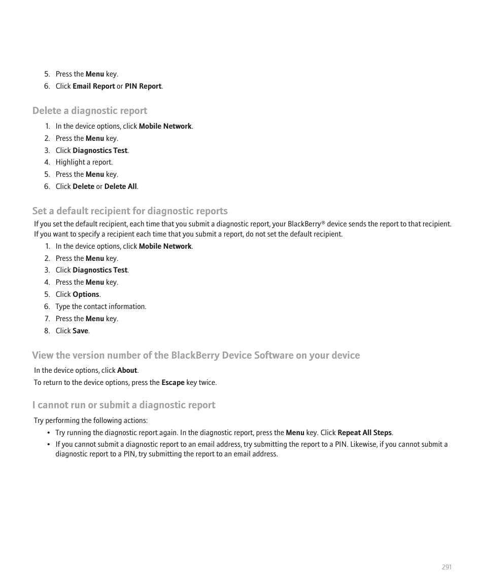 Delete a diagnostic report, Set a default recipient for diagnostic reports, I cannot run or submit a diagnostic report | Blackberry 8120 User Manual | Page 293 / 302
