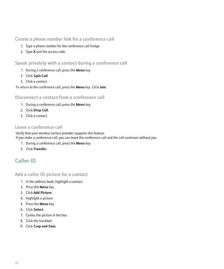 Caller id, Create a phone number link for a conference call, Disconnect a contact from a conference call | Leave a conference call, Add a caller id picture for a contact | Blackberry 8120 User Manual | Page 30 / 302
