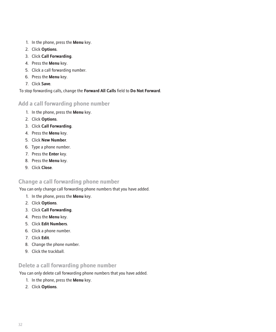 Add a call forwarding phone number, Change a call forwarding phone number, Delete a call forwarding phone number | Blackberry 8120 User Manual | Page 34 / 302