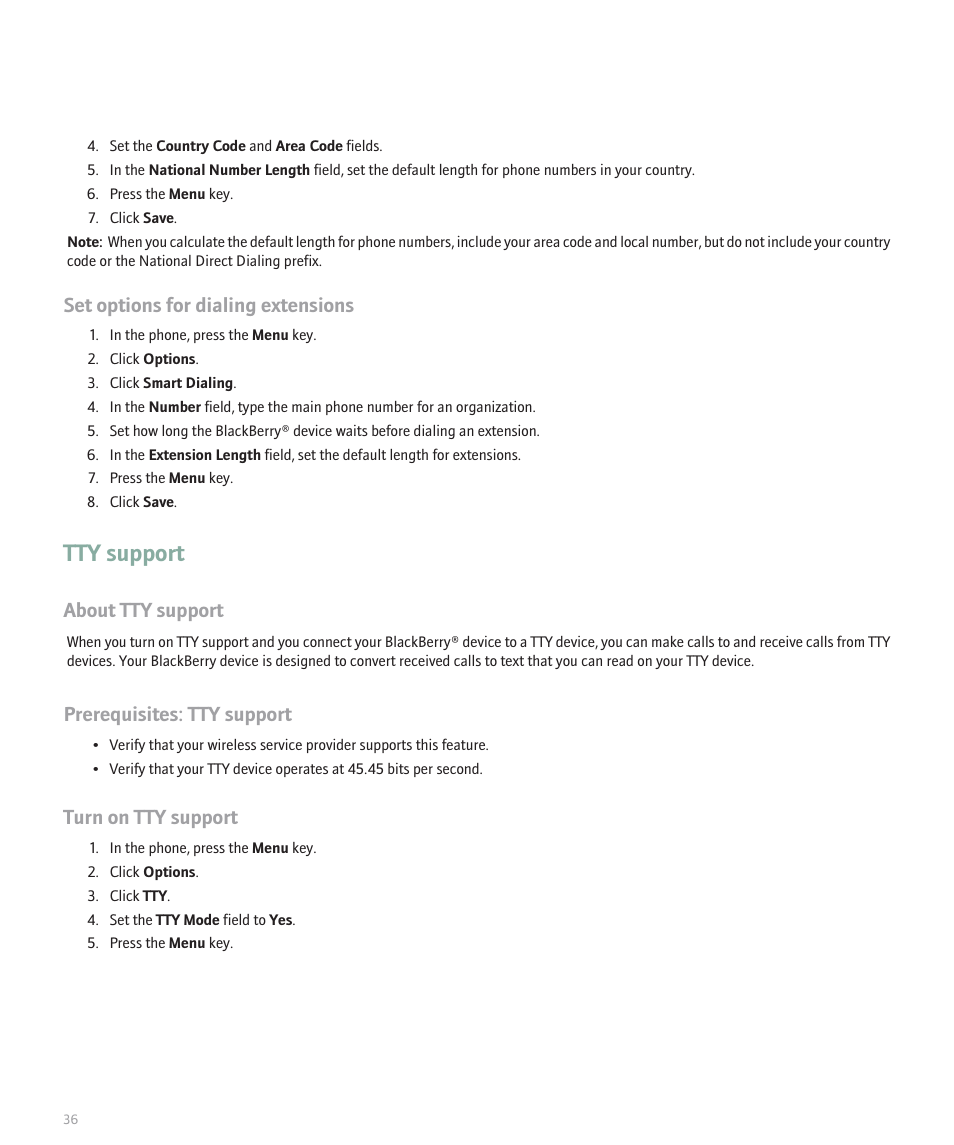 Tty support, Set options for dialing extensions, About tty support | Prerequisites: tty support, Turn on tty support | Blackberry 8120 User Manual | Page 38 / 302