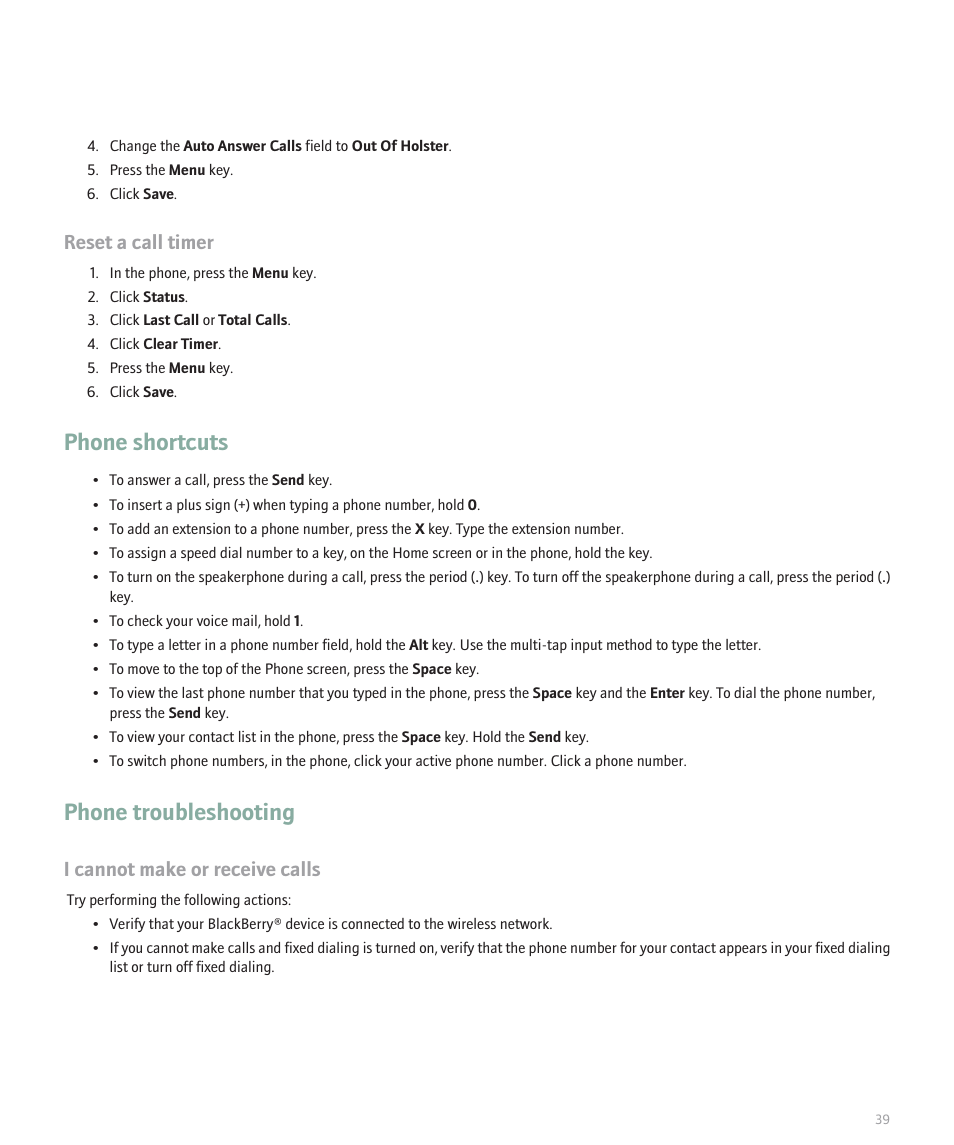 Phone shortcuts, Phone troubleshooting, Reset a call timer | I cannot make or receive calls | Blackberry 8120 User Manual | Page 41 / 302