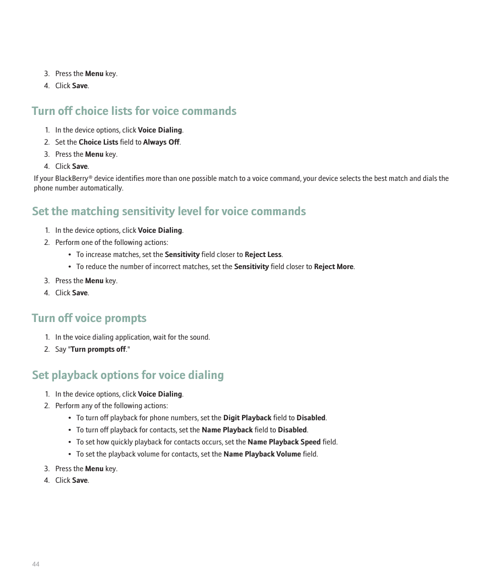 Turn off choice lists for voice commands, Turn off voice prompts, Set playback options for voice dialing | Blackberry 8120 User Manual | Page 46 / 302