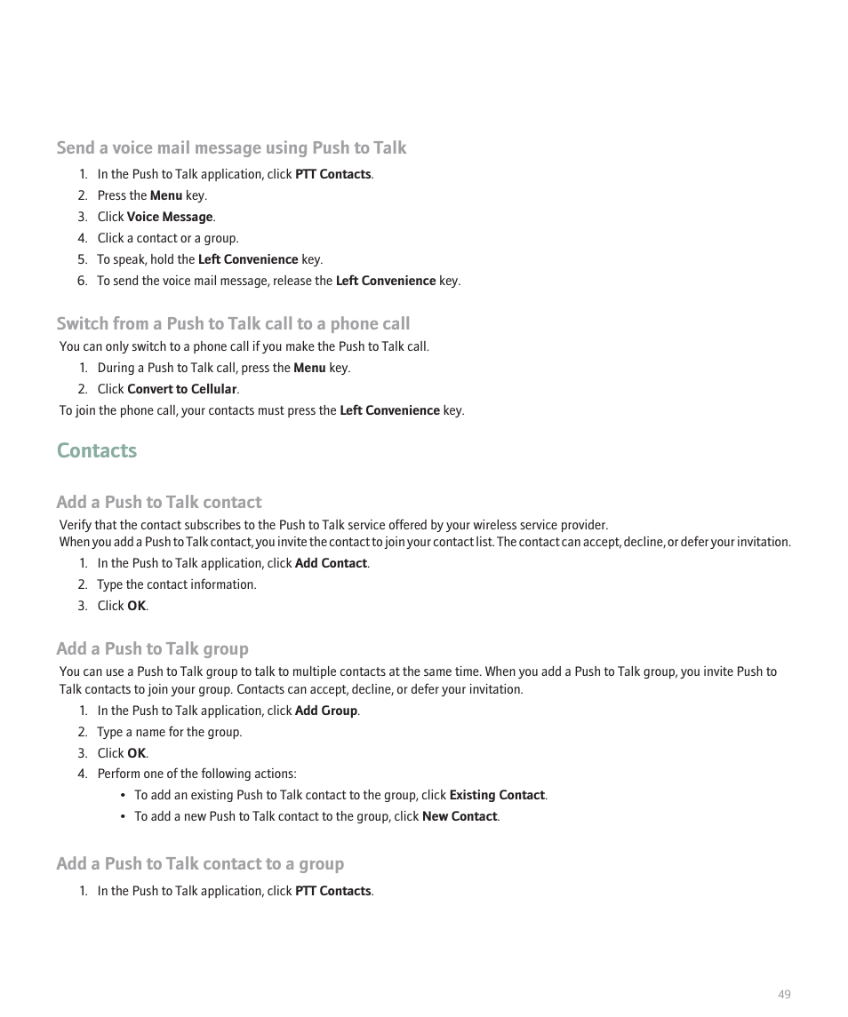 Contacts, Send a voice mail message using push to talk, Switch from a push to talk call to a phone call | Add a push to talk contact, Add a push to talk group, Add a push to talk contact to a group | Blackberry 8120 User Manual | Page 51 / 302