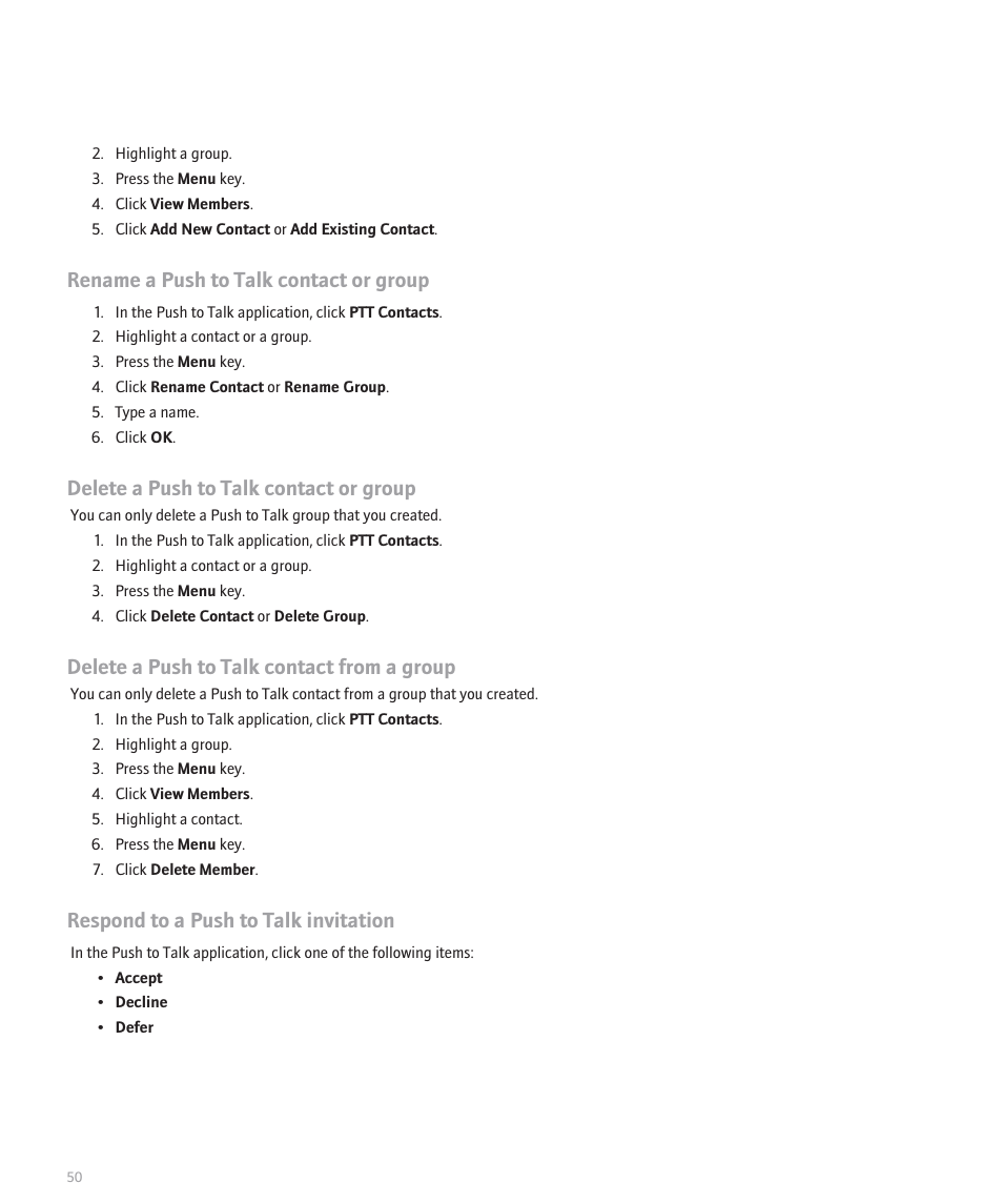 Rename a push to talk contact or group, Delete a push to talk contact or group, Delete a push to talk contact from a group | Respond to a push to talk invitation | Blackberry 8120 User Manual | Page 52 / 302