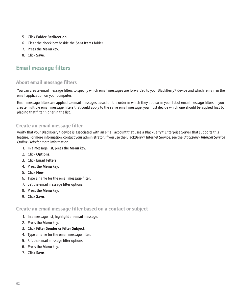 Email message filters, About email message filters, Create an email message filter | Blackberry 8120 User Manual | Page 64 / 302