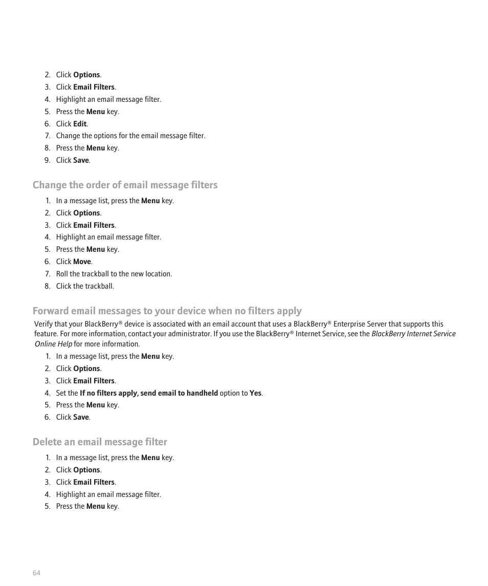 Change the order of email message filters, Delete an email message filter | Blackberry 8120 User Manual | Page 66 / 302