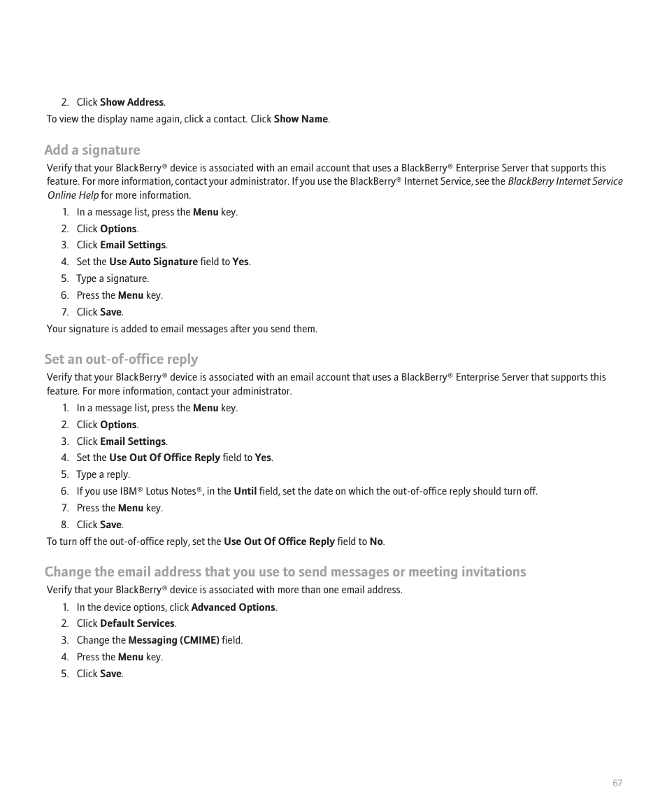 Add a signature, Set an out-of-office reply | Blackberry 8120 User Manual | Page 69 / 302