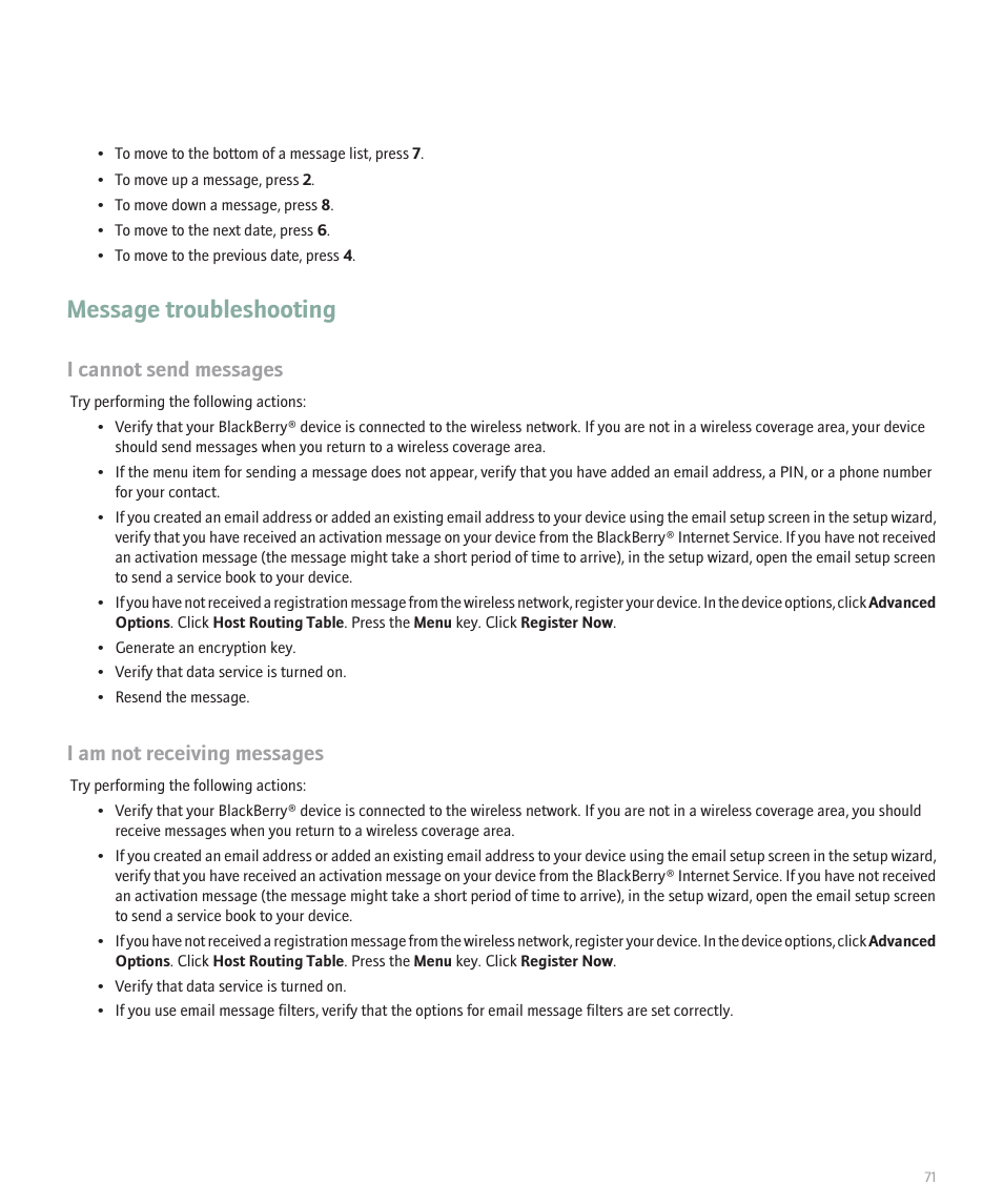 Message troubleshooting, I cannot send messages, I am not receiving messages | Blackberry 8120 User Manual | Page 73 / 302
