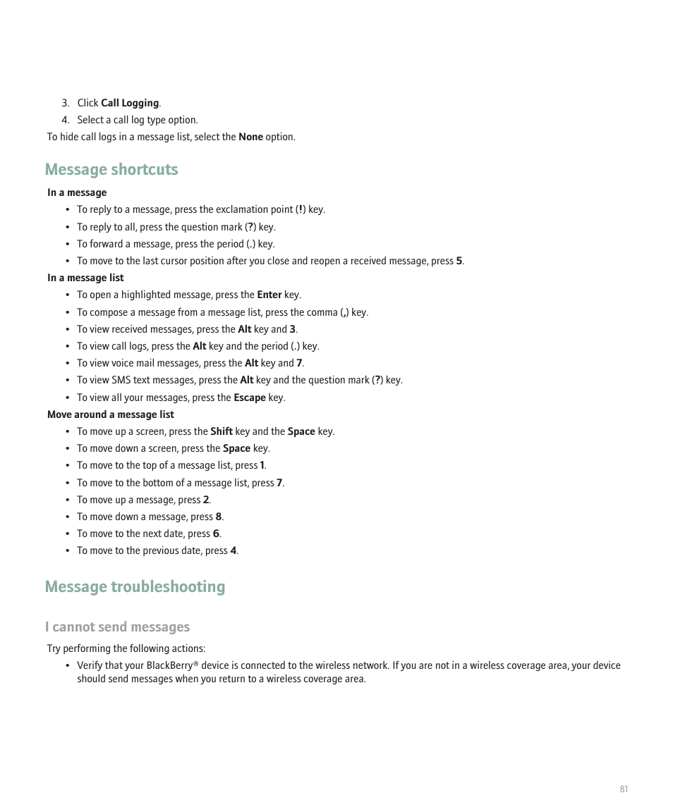 Message shortcuts, Message troubleshooting, I cannot send messages | Blackberry 8120 User Manual | Page 83 / 302