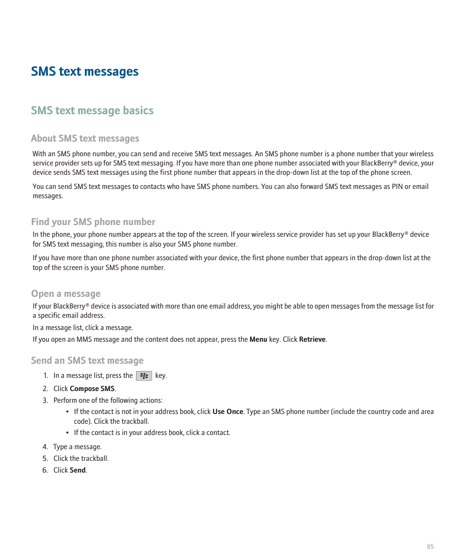 Sms text messages, Sms text message basics, About sms text messages | Find your sms phone number, Open a message, Send an sms text message | Blackberry 8120 User Manual | Page 87 / 302