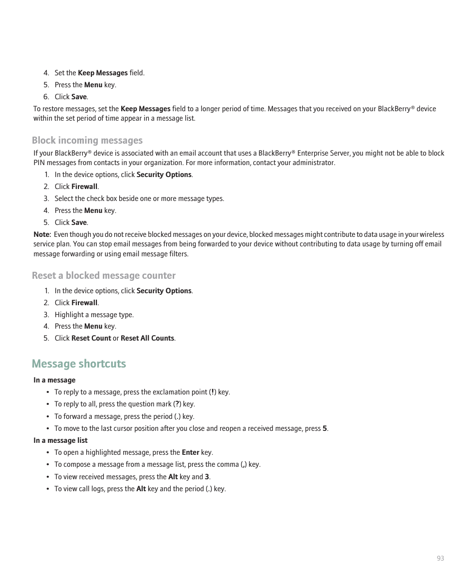 Message shortcuts, Block incoming messages, Reset a blocked message counter | Blackberry 8120 User Manual | Page 95 / 302